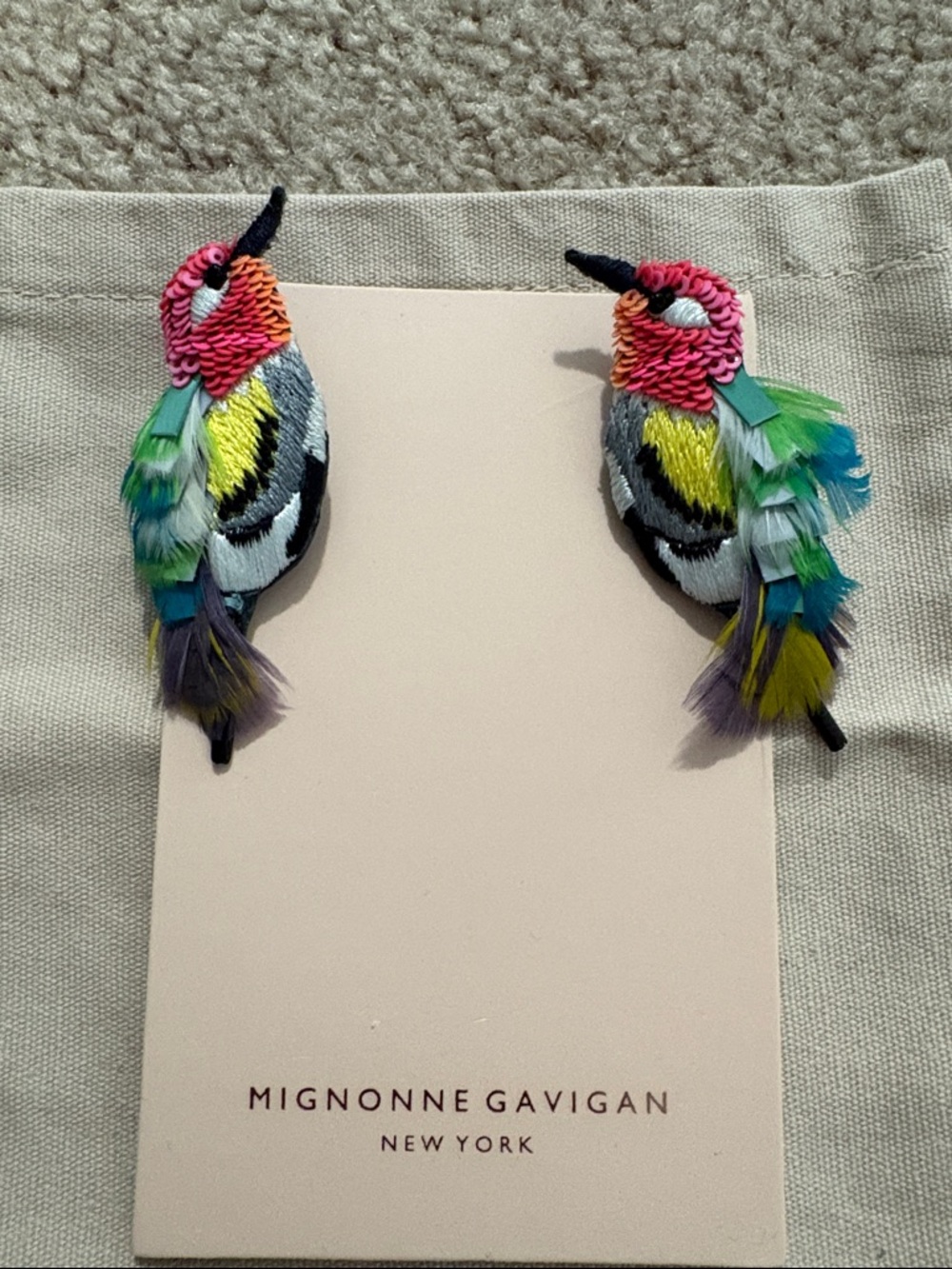 Mignonne Gavigan Multicolor Feathered Bird Earrings in Pink, Green and Yellow